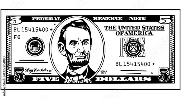 Fototapeta Vector black and white banknote of United States of America. Front side. Denominations of bill 5 dollars. Symbol of American paper money. Isolated vector.