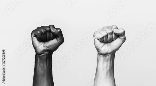 Obraz Black and white fists, a symbol of diversity and opposing forces fighting together on an isolated background.