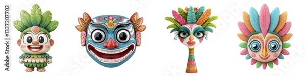 Fototapeta These four unique masks showcase diverse cultural artistry, featuring bright colors and intricate designs representing various traditions and celebrations.