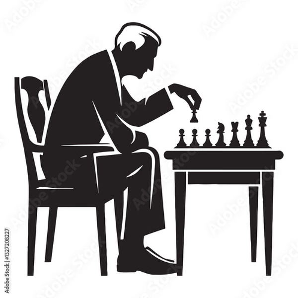 Fototapeta Resilient Old Man Playing Chess silhouette, never backing down from a challenge - Old Man illustration - Minimalist Old Man vector - Fearless player
