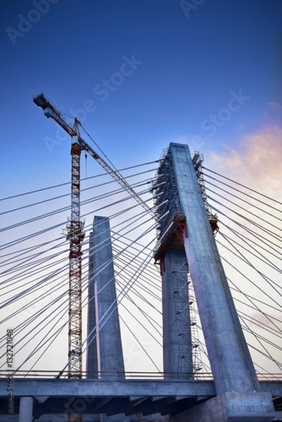 Obraz Crane in construction of the cable-stayed bridge. Cracow Poland