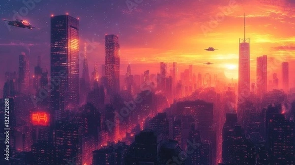 Fototapeta Futuristic cityscape with neon lights skyscrapers and flying vehicles at sunset. Generative AI