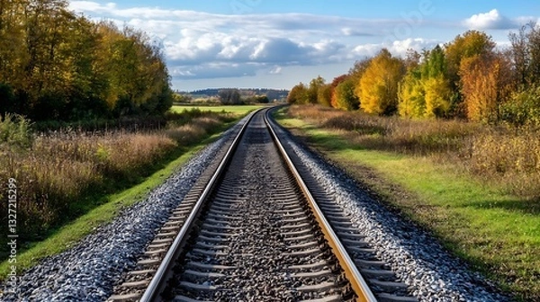 Fototapeta Tranquil Railway Tracks Winding Through Vibrant Autumn Landscape : Generative AI