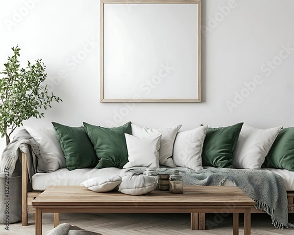 Obraz An Empty Frame Mockup in a Modern Living Room Setting