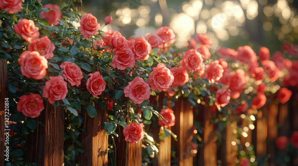 Obraz rustic wooden fence covered in climbing roses with vibrant pink blooms, bathed in warm sunlight, creates serene and picturesque garden scene