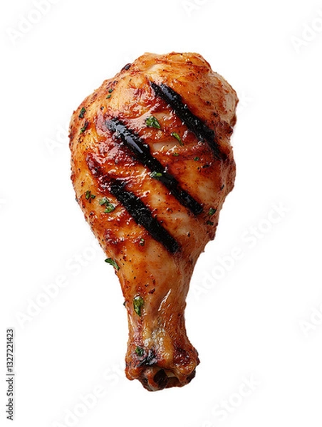 Fototapeta A grilled chicken drumstick with grill marks and a touch of green herbs, its skin glistening, making it an inviting food choice.