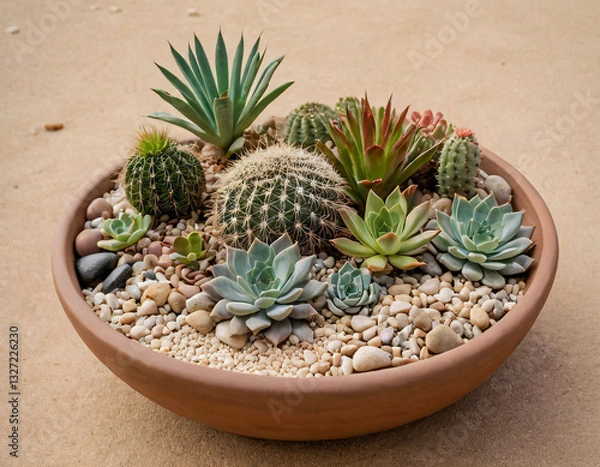 Fototapeta Beautiful Succulent and Cactus Arrangement in a Clay Pot