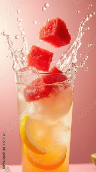 Fototapeta Refreshing Watermelon Drink With Splashes and Citrus on a Pink Background