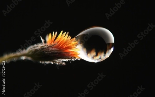 Fototapeta Close-up of a water droplet clinging to an orange flower against a black background. The droplet reflects light, showing a miniature world within