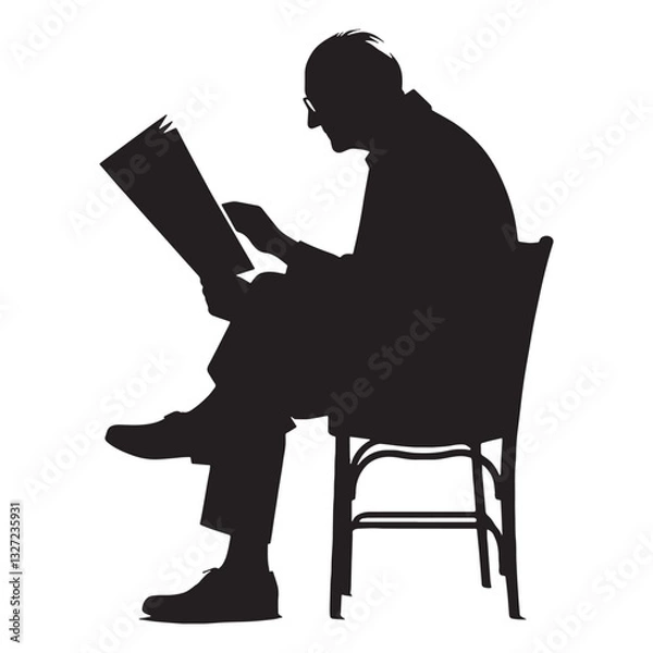Obraz Solitary Thinker Old Man Reading a Newspaper silhouette, lost in world events - Old Man illustration - Minimalist Old Man vector - Focused intellect
