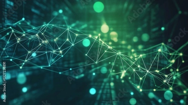 Obraz Digital Network Visualization Featuring Interconnected Nodes and Glowing Lights Representing Artificial Intelligence and Technology