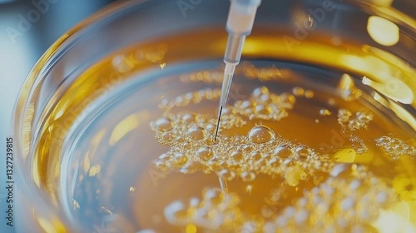 Obraz Microbiology Laboratory Setup Featuring Pipette Dispensing Liquid onto Petri Dish with Microbial Growth, fertilization, IVF fertility
