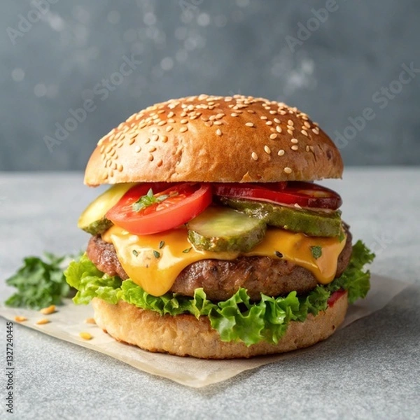Fototapeta Hamburger on a cheese and tomatoes with background