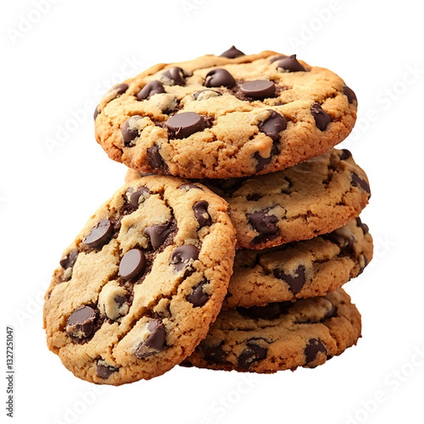 Fototapeta A stack of chocolate chip cookies, icon, sticker design, transparent background, Cut out PNG
