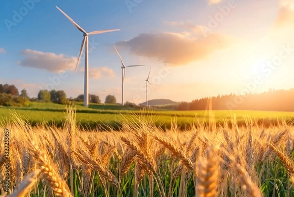 Fototapeta Wind turbines in golden wheat field at sunset with scenic landscape, alternative renewable energy