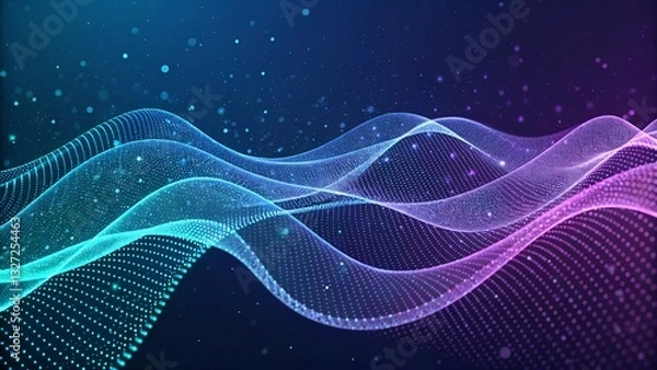 Fototapeta digital wave with glowing mesh and particles on dark blue space background, abstract technology network