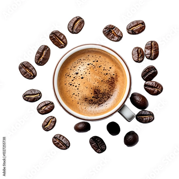 Fototapeta Set of various cup of coffee with beans, top view, isolated on transparent background