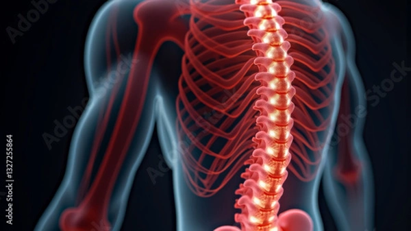 Fototapeta Digital representation of the human spine highlighted in red, with the rib cage visible in transparency. Illustration of the human spine and rib cage