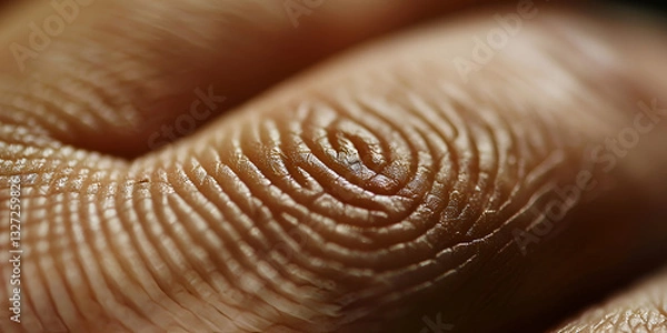 Fototapeta Macro close-up of human fingerprint with intricate patterns on skin, Detailed close-up of fingerprint ridges highlighting personal identity
