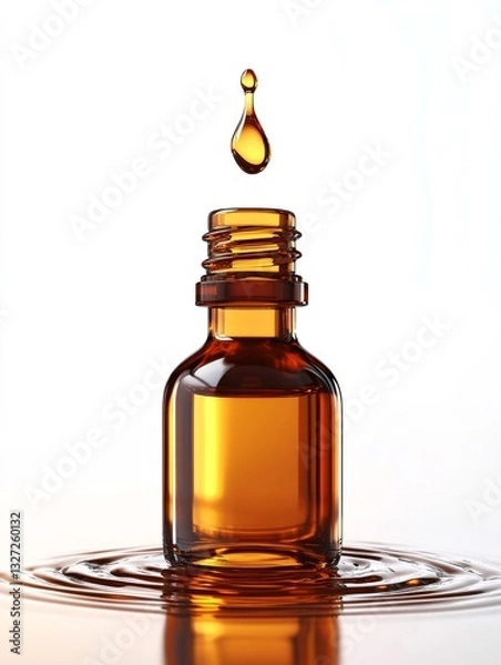 Fototapeta Essential oil dropping into amber bottle creating ripples on liquid surface