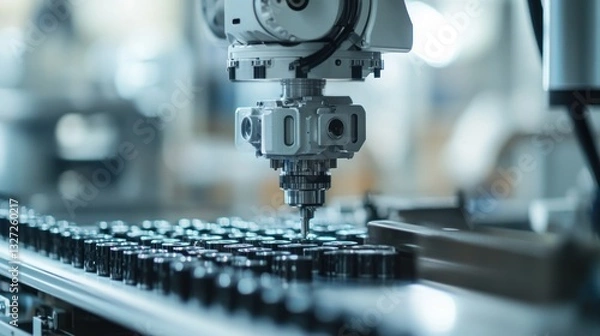 Fototapeta Robotic arm assembling components in a factory