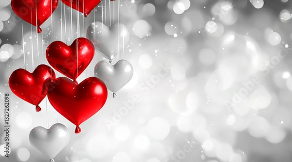 Obraz Happy Valentine's Day background with red hearts hanging on a silver bokeh light grey background,