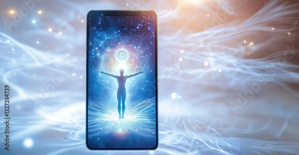 Fototapeta Smartphone display with silhouette floating in energy, light circle over head. Background with silver rays of luminosity and radiance. Concept of inner balance, meditation in our hectic life.