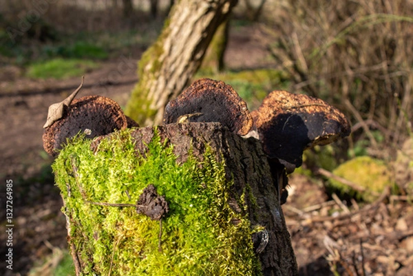 Fototapeta stump with mushrooms and moss in the forest