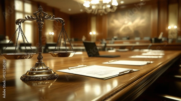 Fototapeta The weight of truth and fairness hung delicately in the balance as the scales of justice stood still on the table.