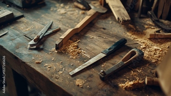 Fototapeta Tools needed for carpentry, placed on a wooden surface for background 