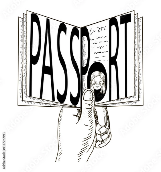 Obraz Word "Passport" is drawn, and a hand is holding it. The letter "O" is depicted as a photograph of a girl. Vector illustration in black isolated on a white background.