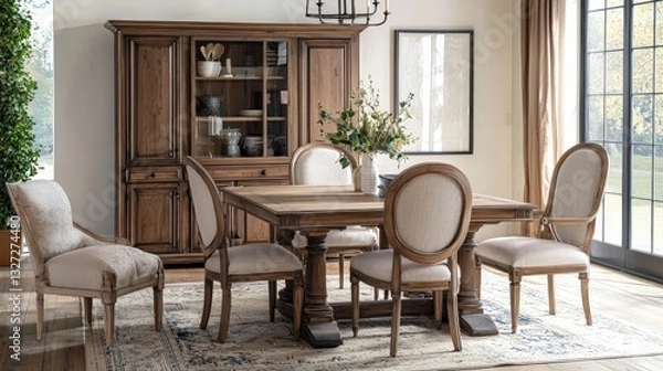 Fototapeta Rustic Farmhouse Dining Set with Wooden Table and Chairs