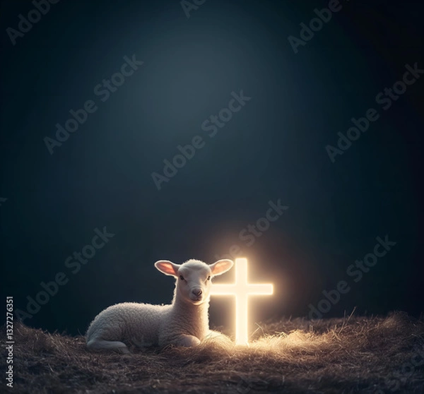 Obraz religious banner with copy space over dark background and innocent lamb laying next to glowing cross; easter good friday symbol, faith, blessing, 