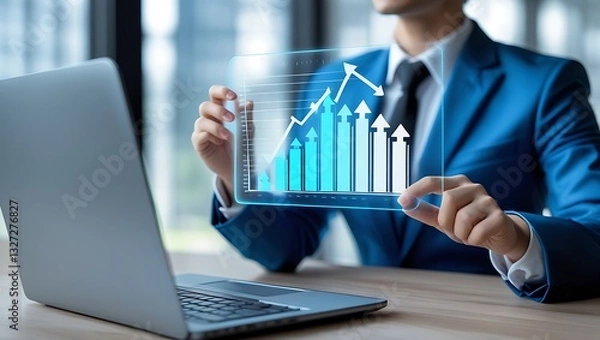 Fototapeta Business Growth & Technology – Professional Holding Holographic Bar Graph