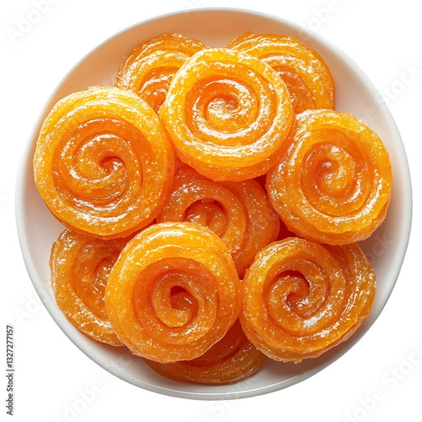 Fototapeta Jalebi sweets on white plate isolated on a transparent background, in PNG format, Jalebi sweets on white plate PNG