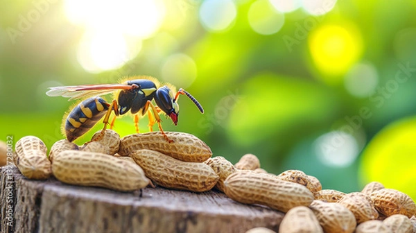Obraz Wasp standing on wood, eating nuts, close-up of wasp's body and legs, background blurred with greenery,