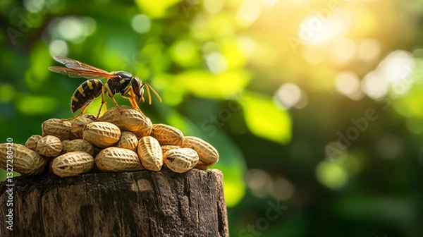 Obraz Wasp standing on wood, eating nuts, close-up of wasp's body and legs, background blurred with greenery,