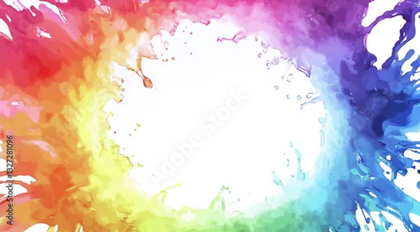 Obraz Watercolor splash background with rainbow colors, white space in the center of the picture, on a white background,