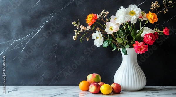 Obraz White marble countertop with flowers and fruit, dark gray wall background,