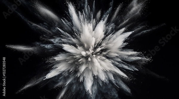 Obraz White powder explosion on a black background, with white and black elements in a flat lay composition.