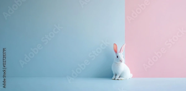 Obraz White rabbit on a pastel blue and pink background with copy space, banner design.