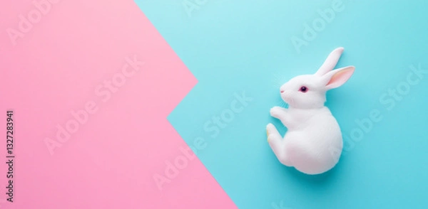Obraz White rabbit on a pastel blue and pink background with copy space, banner design.