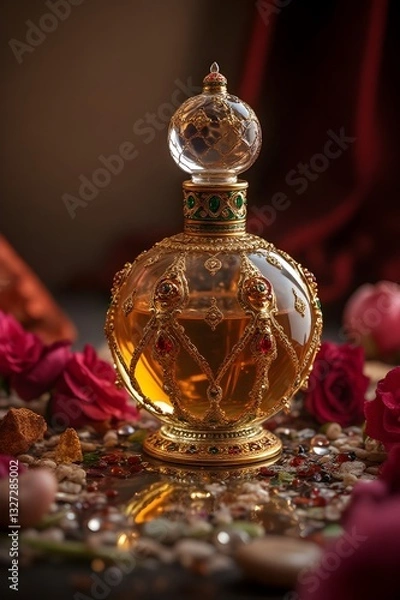Obraz Ornate Perfume Bottle with Jewel-Encrusted details represents Indulgence against a Dark Reflective Surface