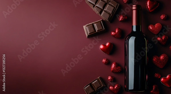Obraz Wine bottles, chocolates, and candies on a red background with copy space for a Valentine's Day celebration or Christmas holiday greeting card banner.