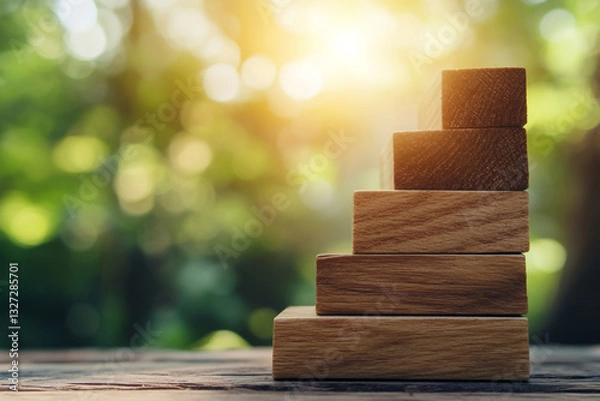 Obraz Wooden blocks stacked to form steps, representing the journey of success and growth in business or personal life with copy space on a blurred background.