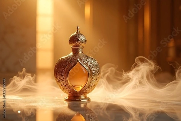 Obraz Golden Perfume Bottle in Arabesque Patterns with Mystique represents Opulence