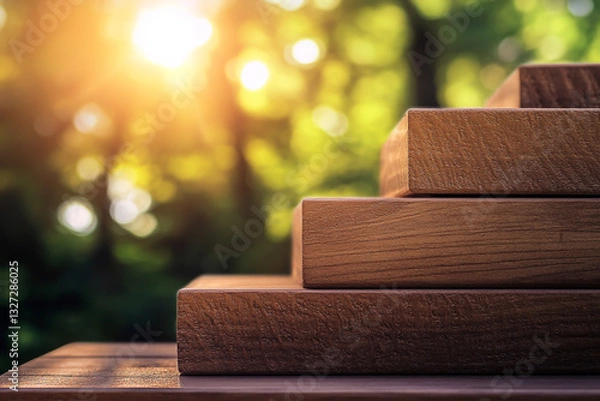 Obraz Wooden blocks stacked to form steps, representing the journey of success and growth in business or personal life with copy space on a blurred background.