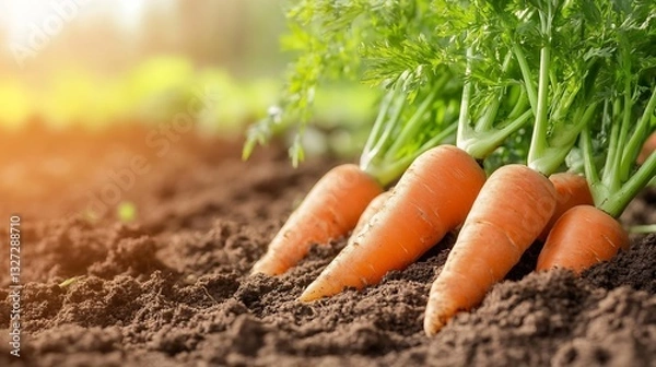 Fototapeta Freshly harvested organic carrots growing in soil under sunlight representing healthy eating and gardening : Generative AI