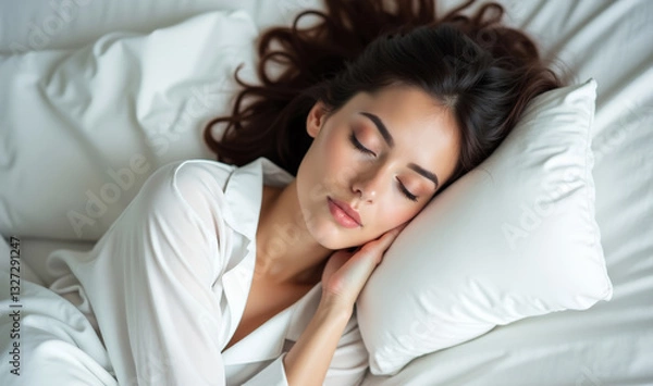 Obraz Serene Woman Sleeping Peacefully on Comfortable White Bed With Natural Lighting
