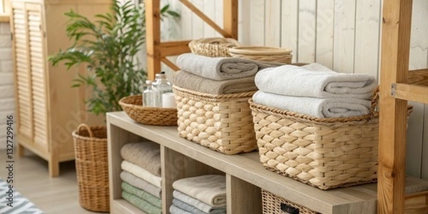 Obraz Spa Styling Woven Baskets with Folded Towels, Plant Decor, home decor , interior design